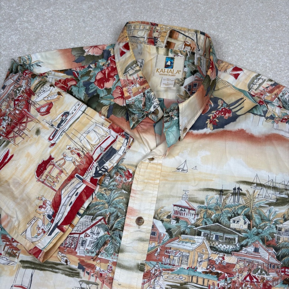 Kahala Mens Large Hawaiian Shirt Island Scenic Boat Village Hawaii‎